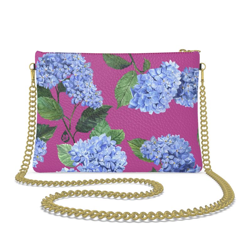 Pigment and Petal Pink Leather Gold Chain Strap Purse with Pink Hydrangea Print