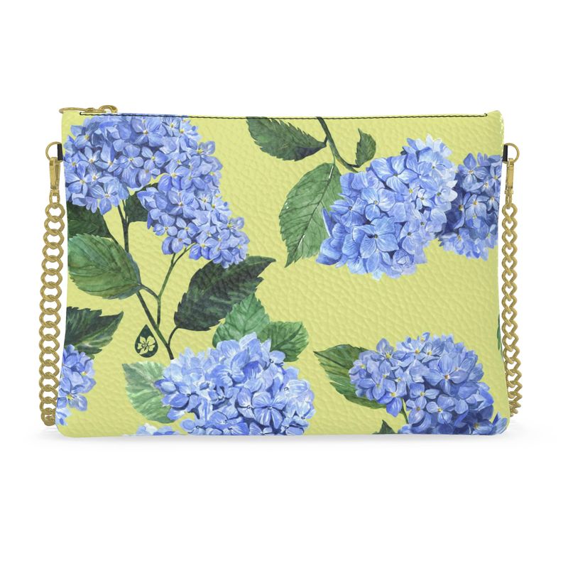 Pigment and Petal Pink Leather Gold Chain Strap Purse with Honeydew Hydrangea Print