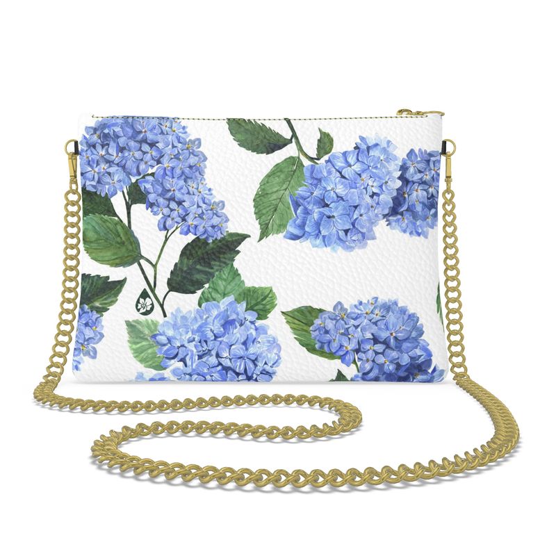 Pigment and Petal Pink Leather Gold Chain Strap Purse with White Hydrangea Print