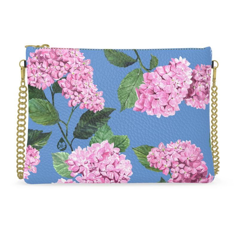 Pigment and Petal Pink Leather Gold Chain Strap Purse with Blue Hydrangea Print