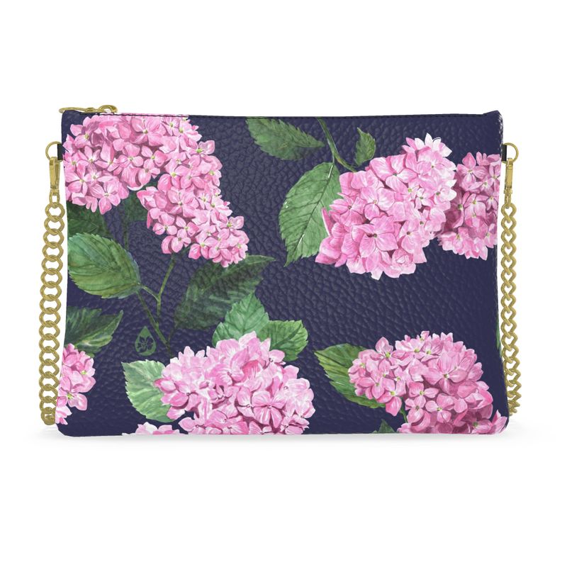 Pigment and Petal Pink Leather Gold Chain Strap Purse with Navy Hydrangea Print