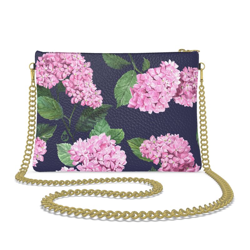 Pigment and Petal Pink Leather Gold Chain Strap Purse with Navy Hydrangea Print