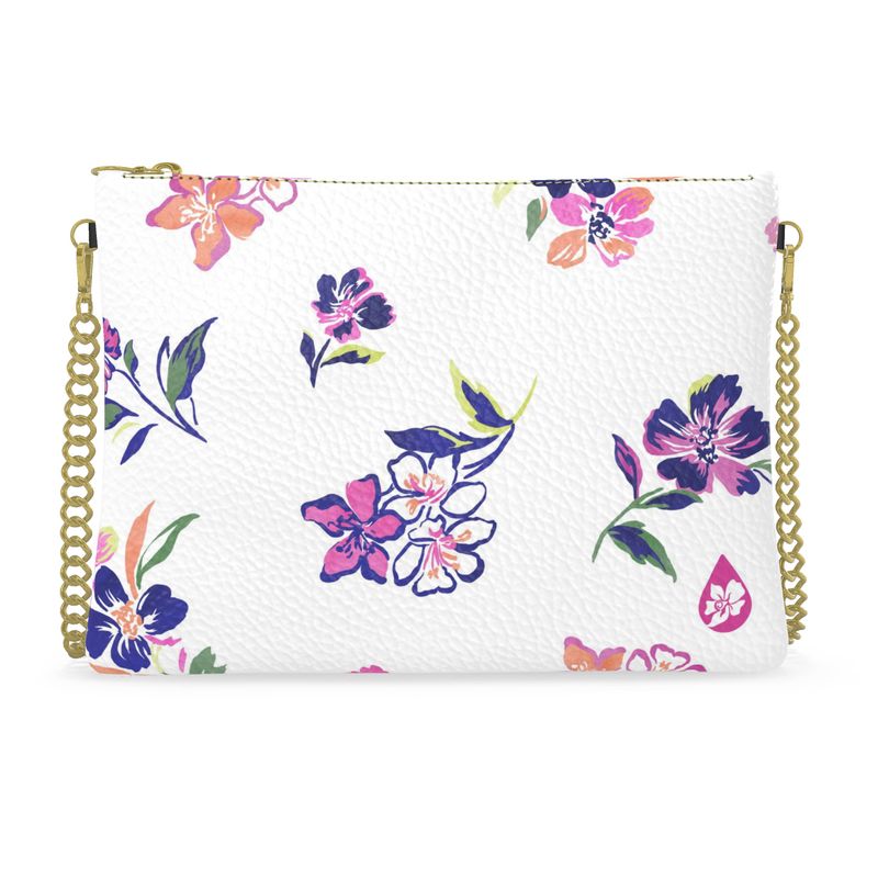 Hand painted multicolor Inky Floral print on a leather crossbody chain strap purse
