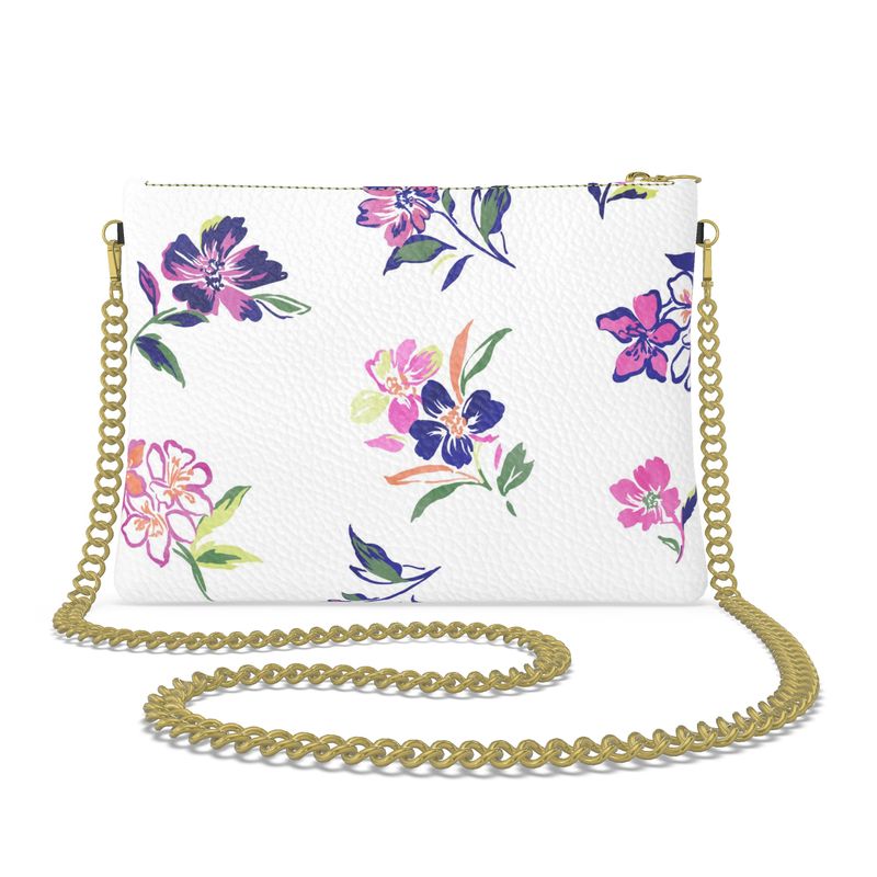 Hand painted multicolor Inky Floral print on a leather crossbody chain strap purse