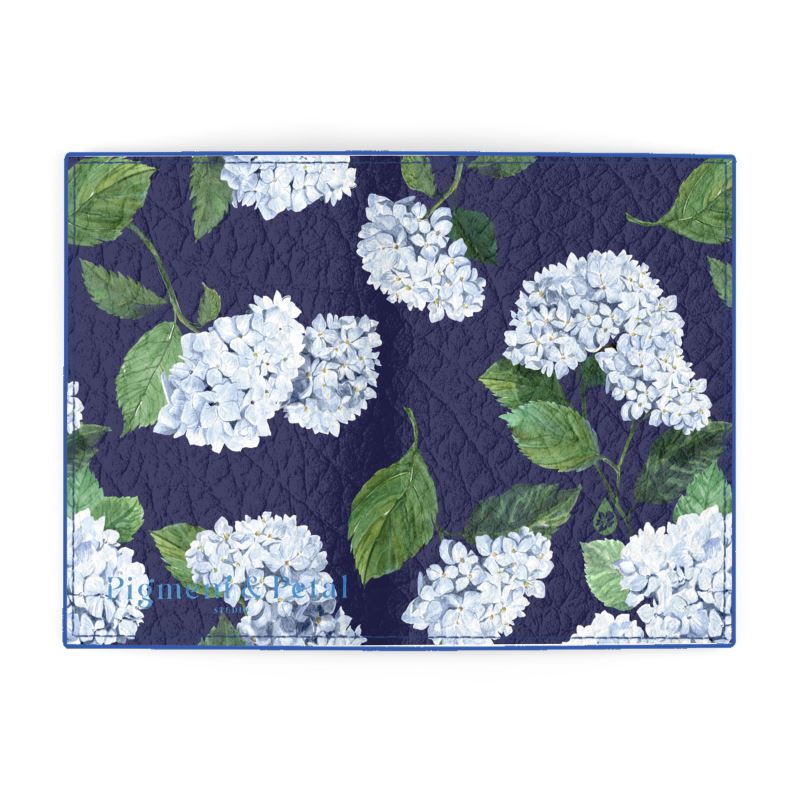 Leather Passport Cover with Navy Hydrangea Pattern