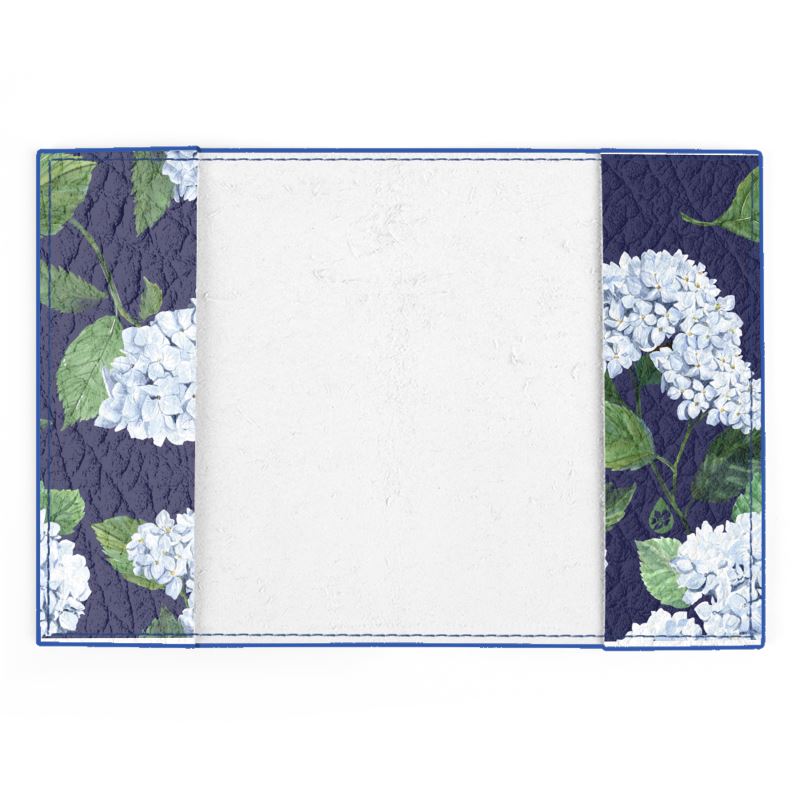 Leather Passport internal view with navy Hydrangea Pattern