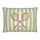 Striped lumbar pillow with crossed tennis racquet illustration