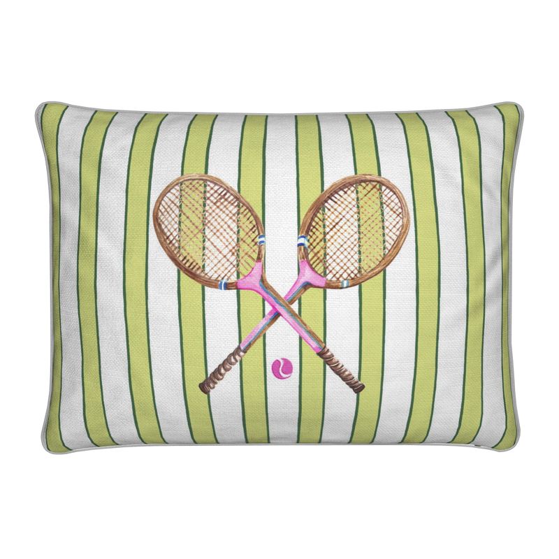Striped lumbar pillow with crossed tennis racquet illustration