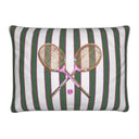 Striped lumbar pillow with crossed tennis racquet illustration