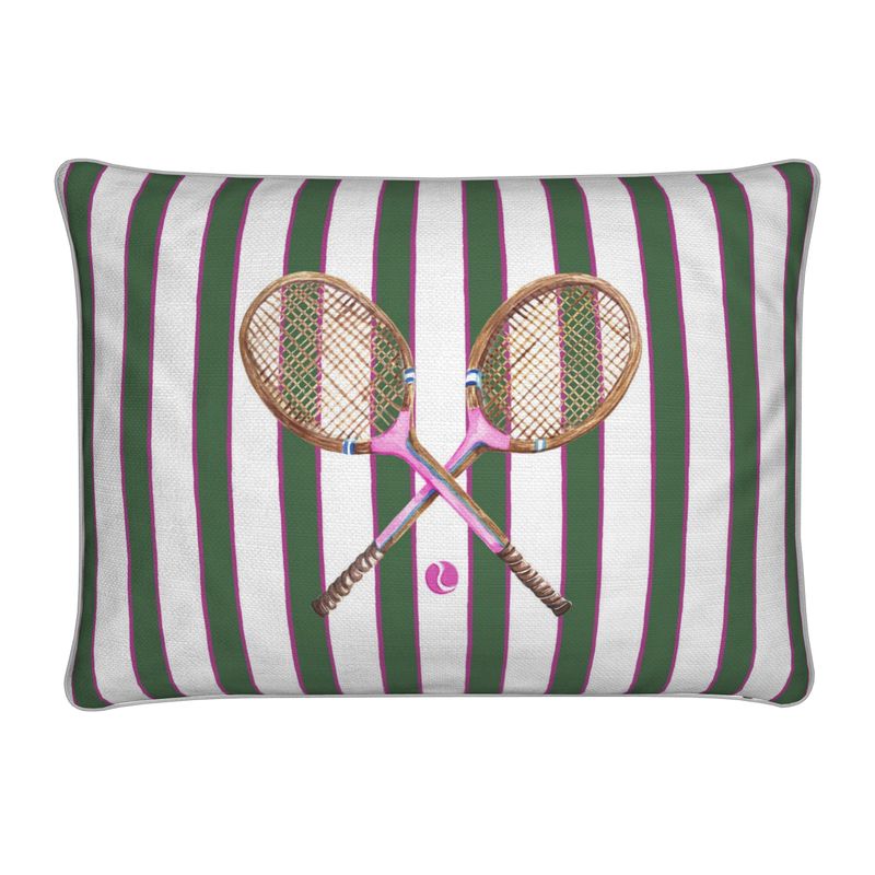Striped lumbar pillow with crossed tennis racquet illustration