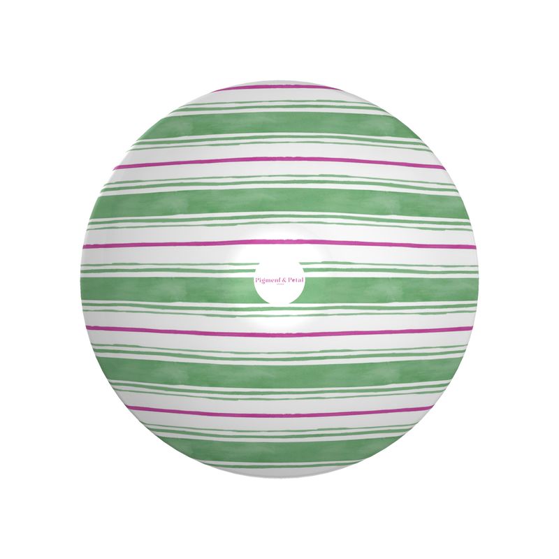 Back view of Tennis Grass Green and Peony Pink Painted Stripe Ornamental Bowl