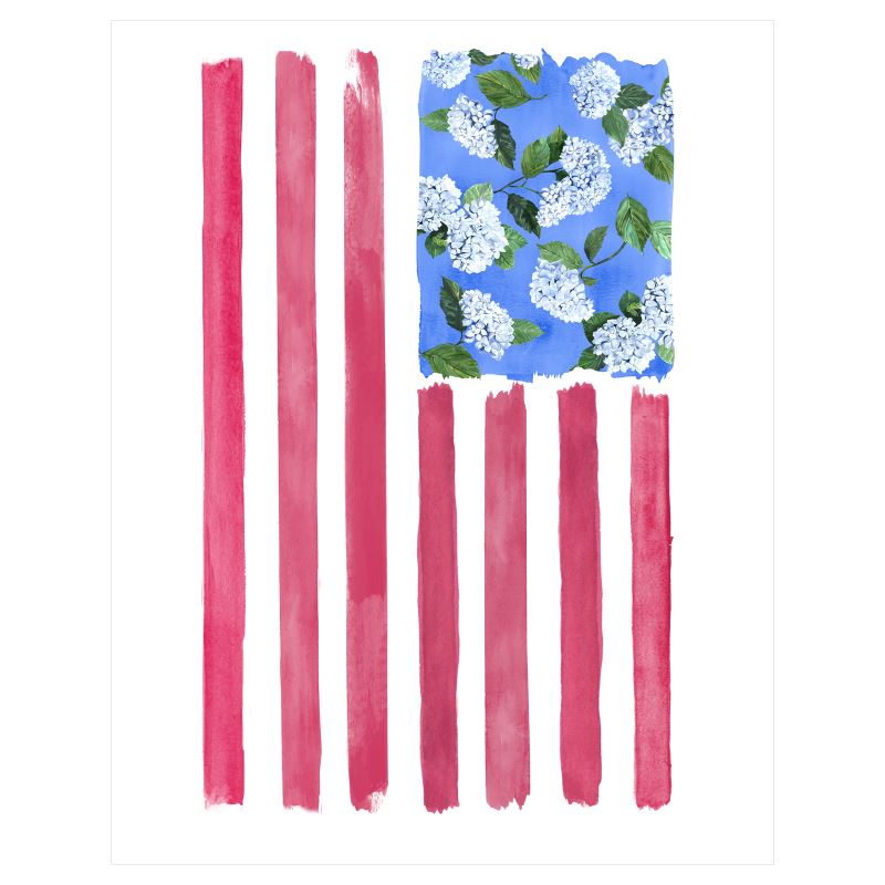 Liberty Print as flat print resembles flag with red painted stripes and annabelle hydrangeas instead of stars