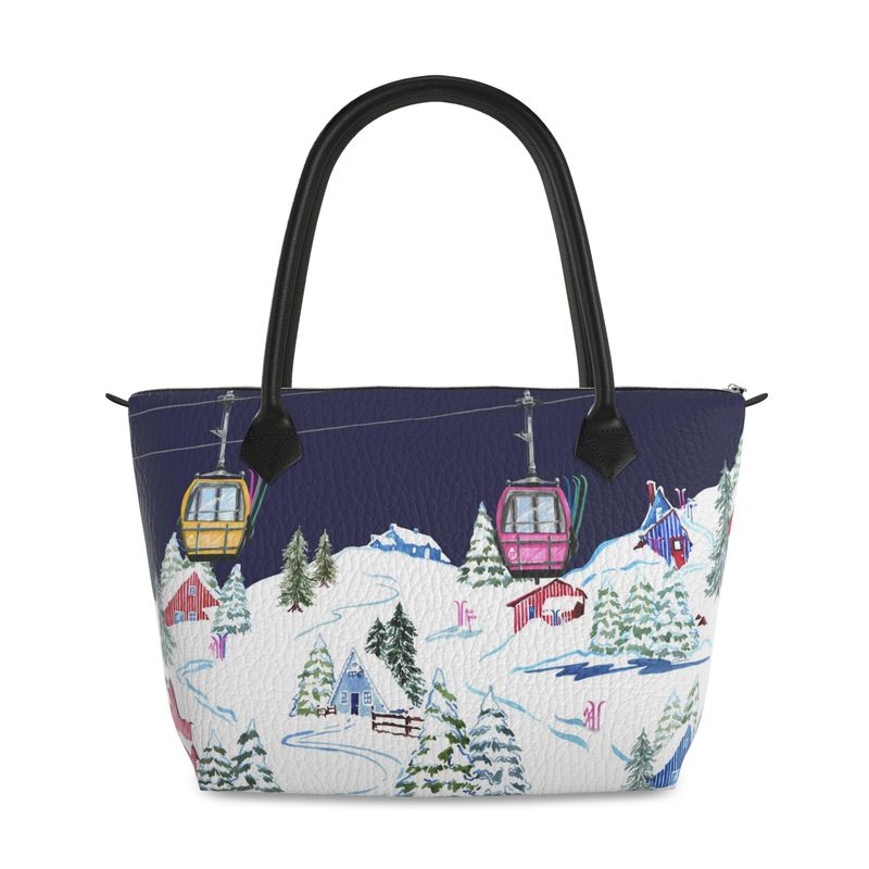 Ski Chalet Leather Tote Handbag