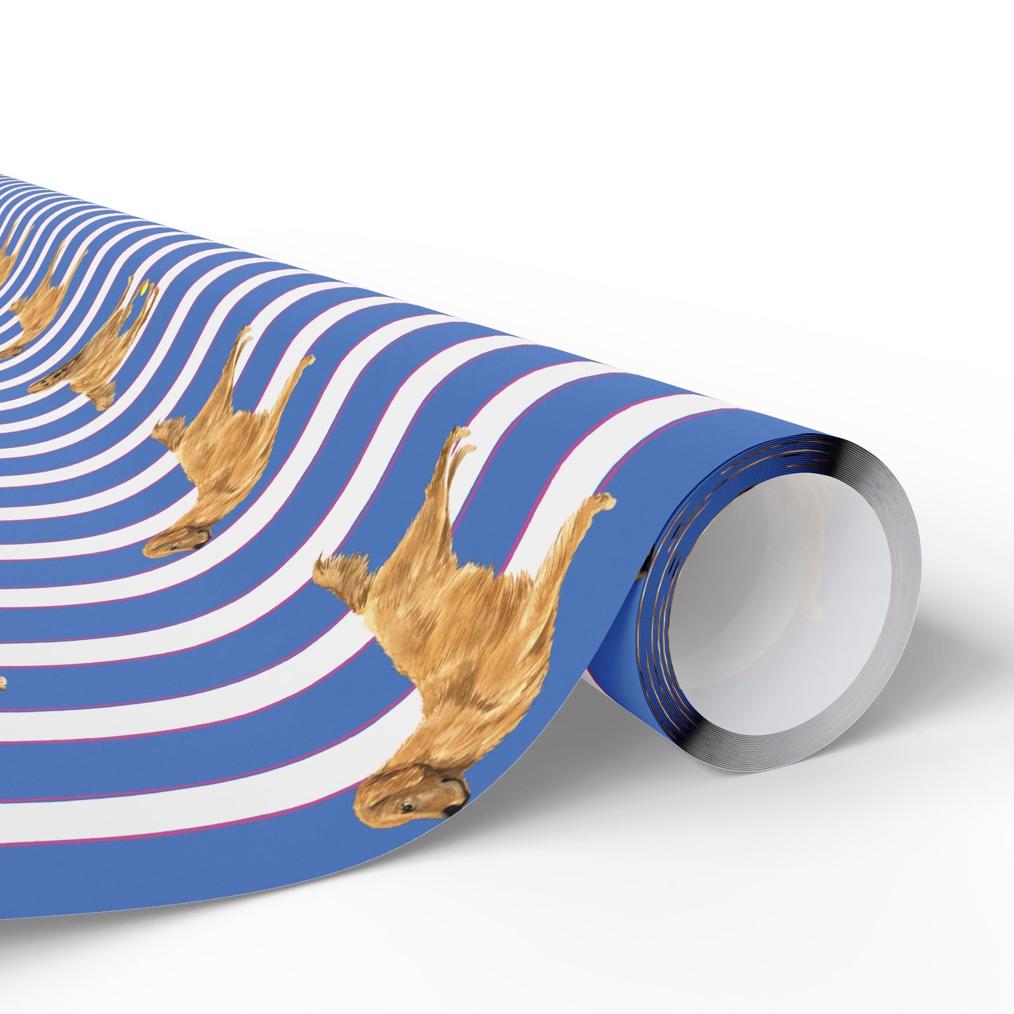 Blue and pink striped wrapping paper featuring a dog illustration