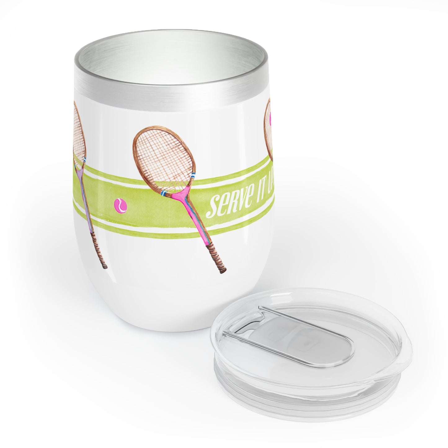 Stainless Steel Wine Tumbler and Illustrated with chartreuse stripe and tennis racquets with the phrase "Serve It Up"