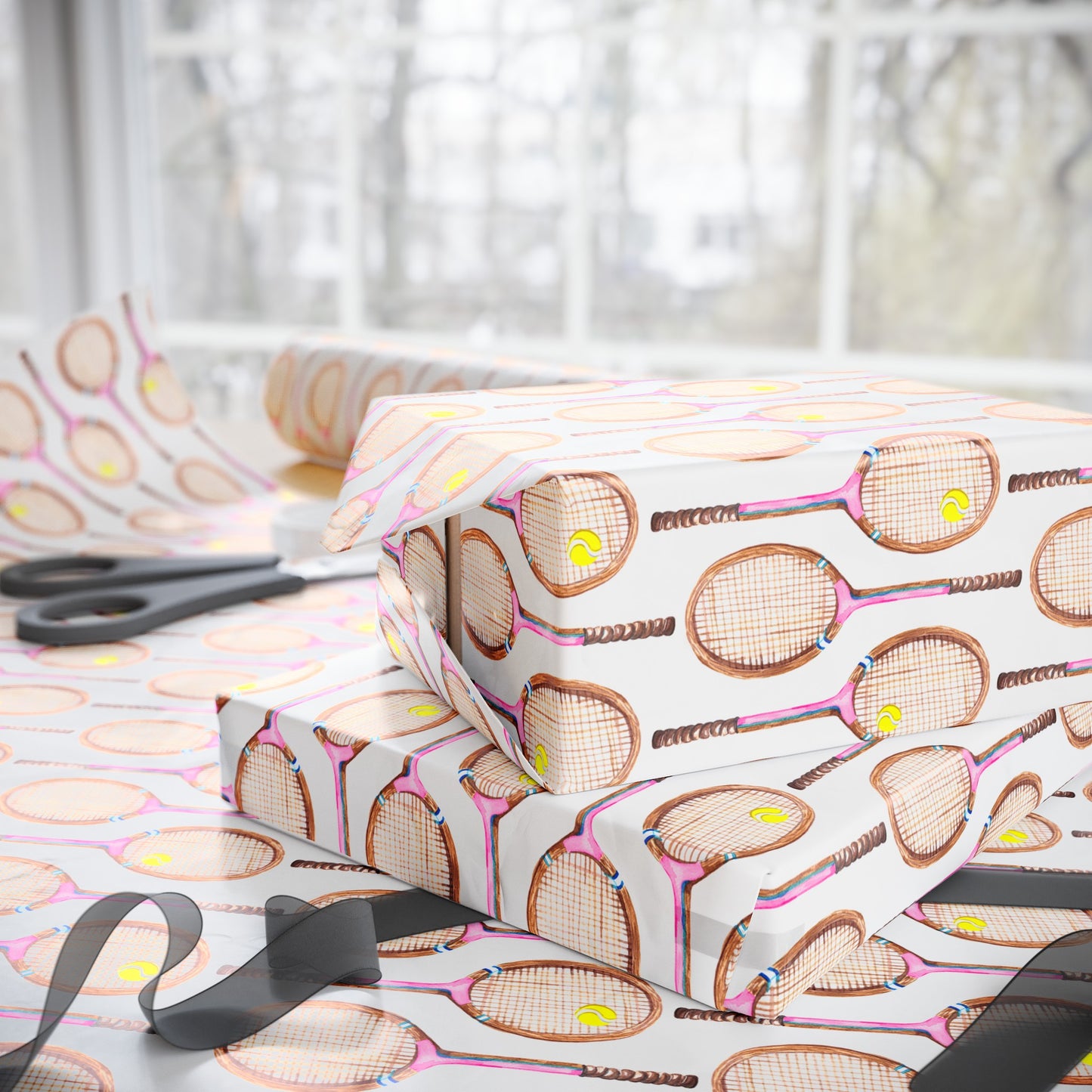 Topspin Tennis Wrapping Paper table with in progress wrapped gifts Peony Pink Color Choice