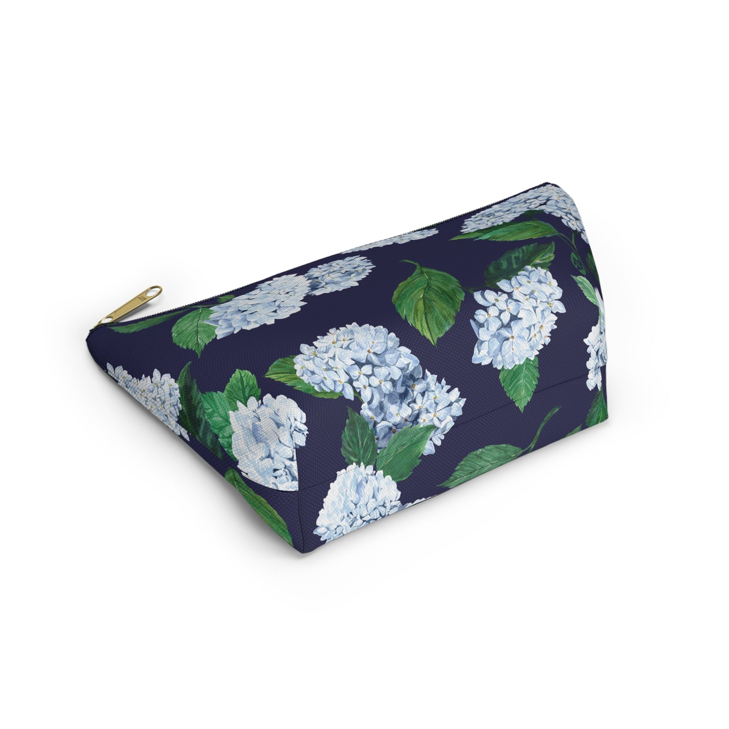 Bottom view of Hydrangea T-Bottom Travel Pouch in Twilight Navy with white zipper size small