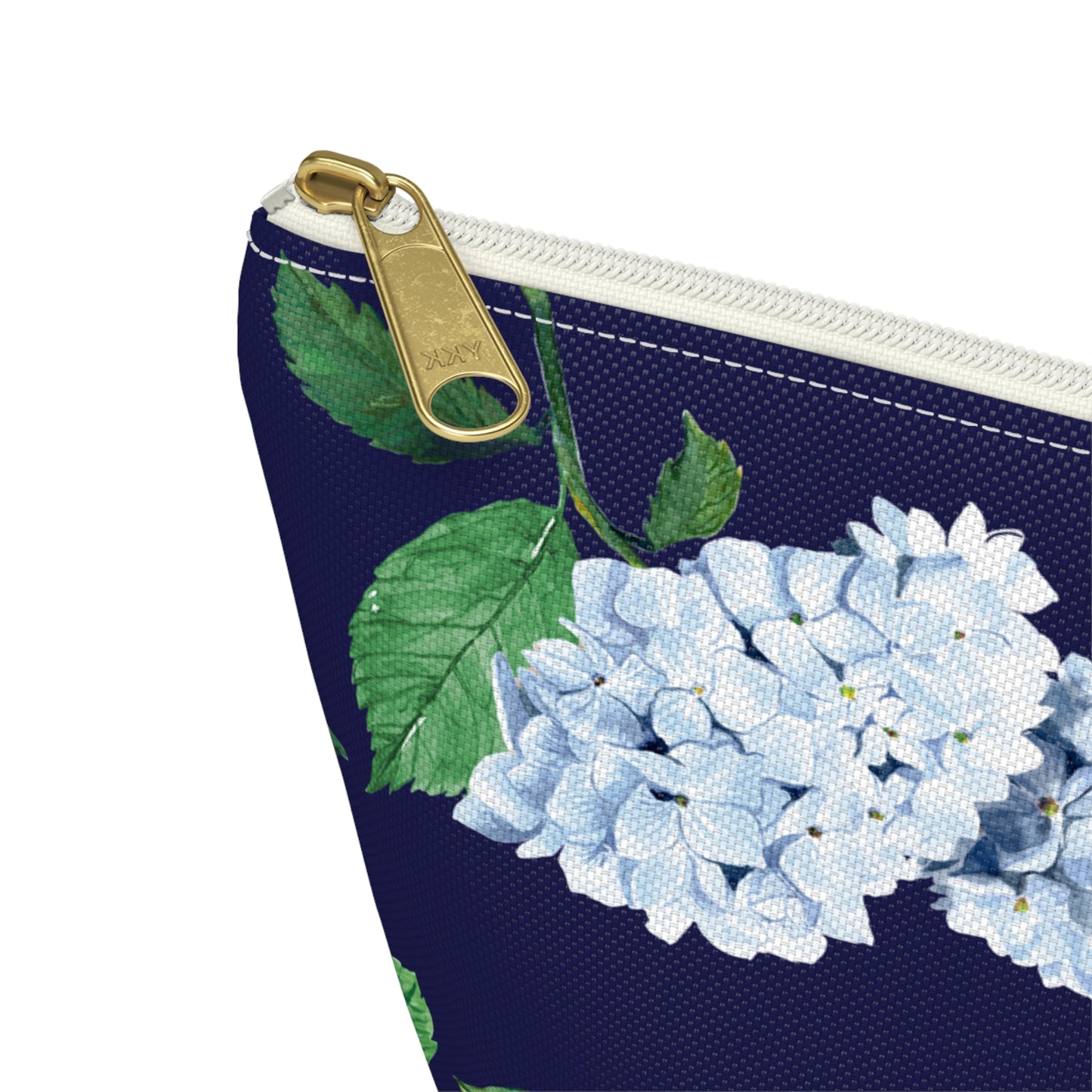 Zoomed view of Hydrangea T-Bottom Travel Pouch in Twilight Navy with white zipper size small
