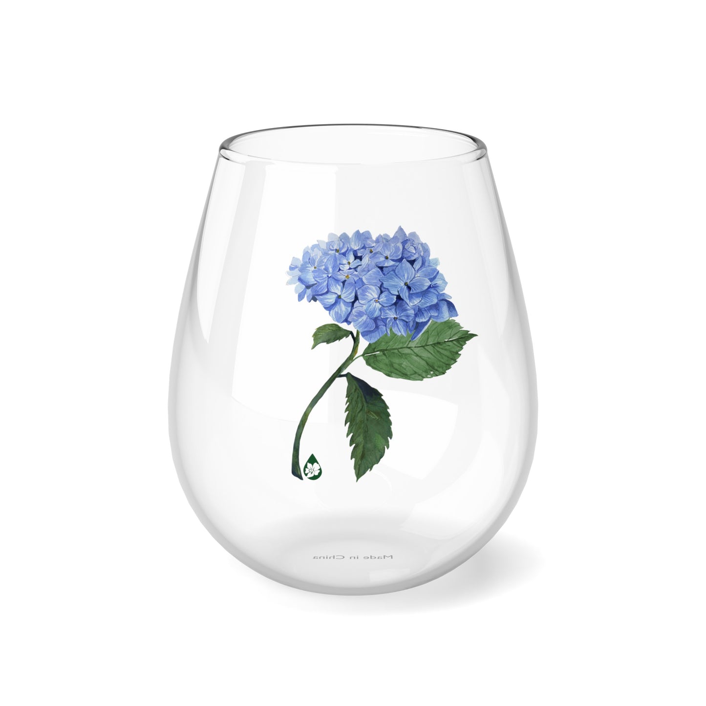 Pigment and Petal Studios hand illustrated Hydrangea Flower in blues with green leaves