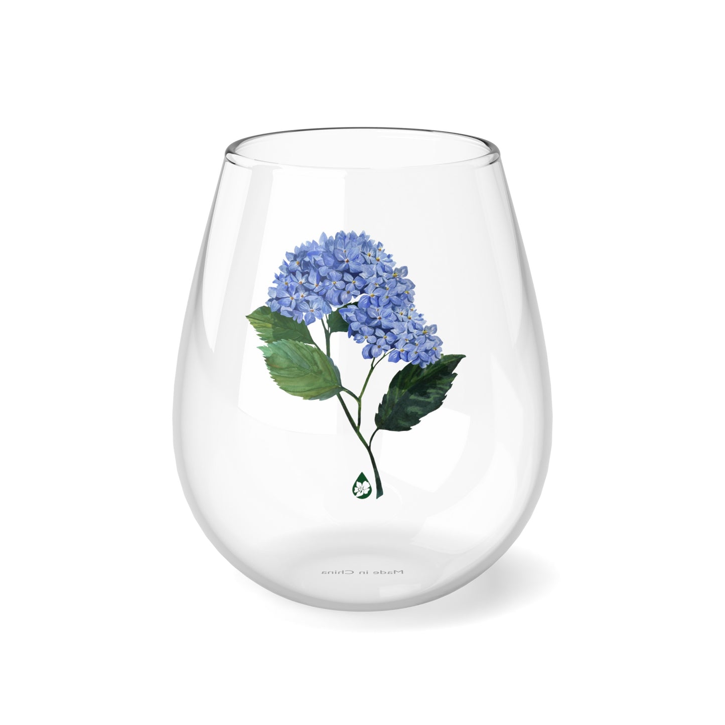 Pigment and Petal Studios hand illustrated Hydrangea Flower in blues with green leaves