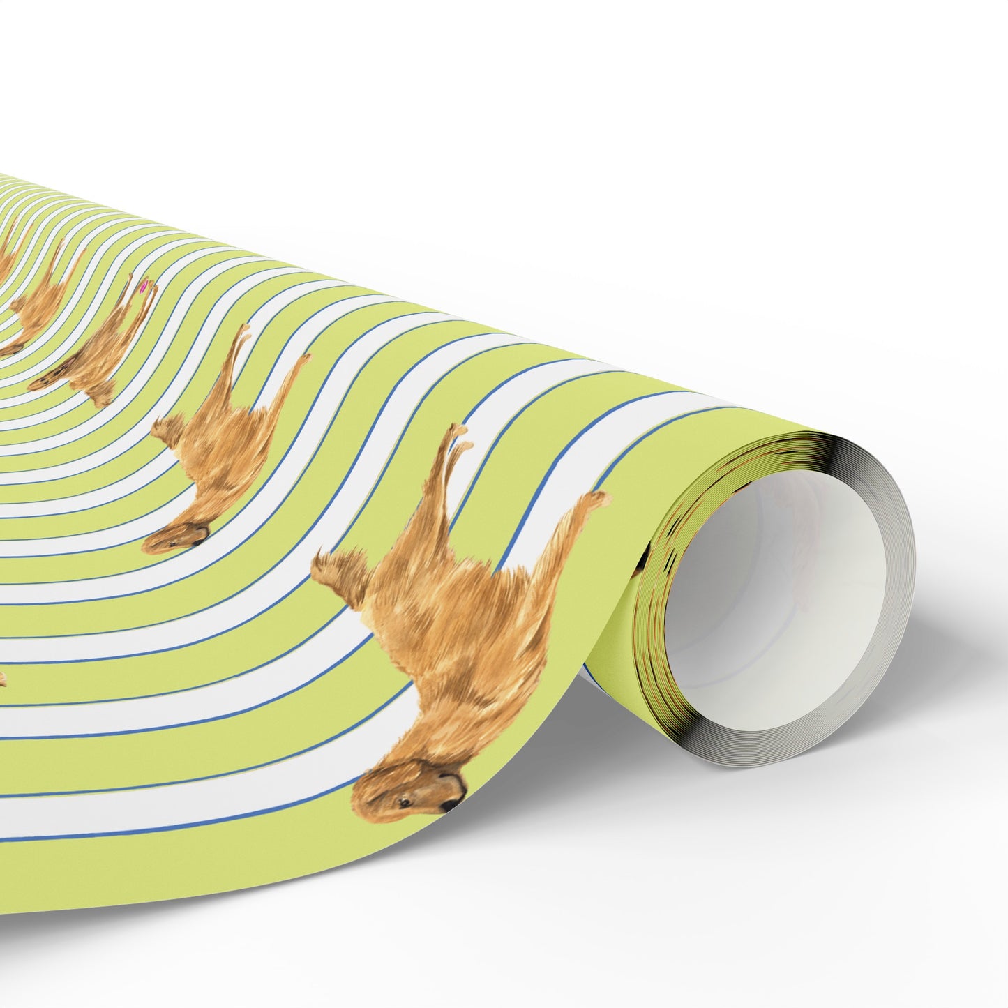 Lemon Lime and Blue and White striped wrapping paper featuring a dog illustration