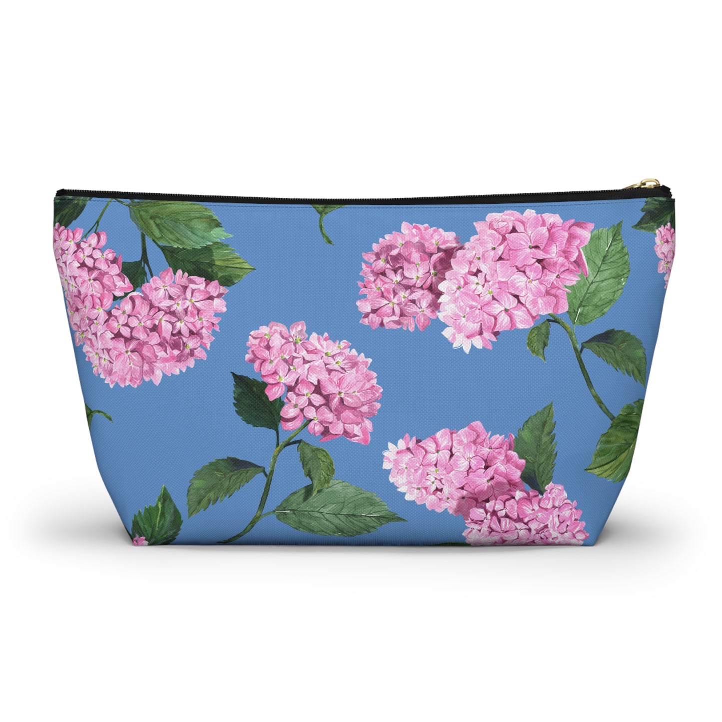 Hydrangea T-Bottom Travel Pouch in Cloudless Blue Sky with black zipper size large