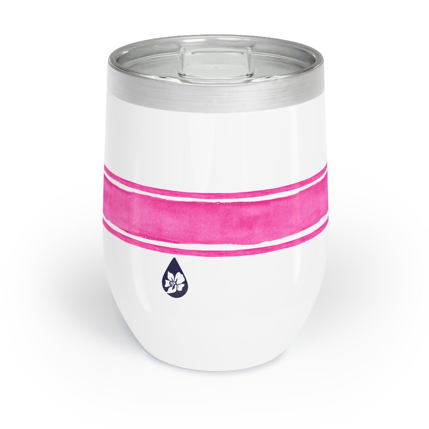Back view of Stainless steel wine tumbler with pink stripe and tennis racquets with quote make it a double