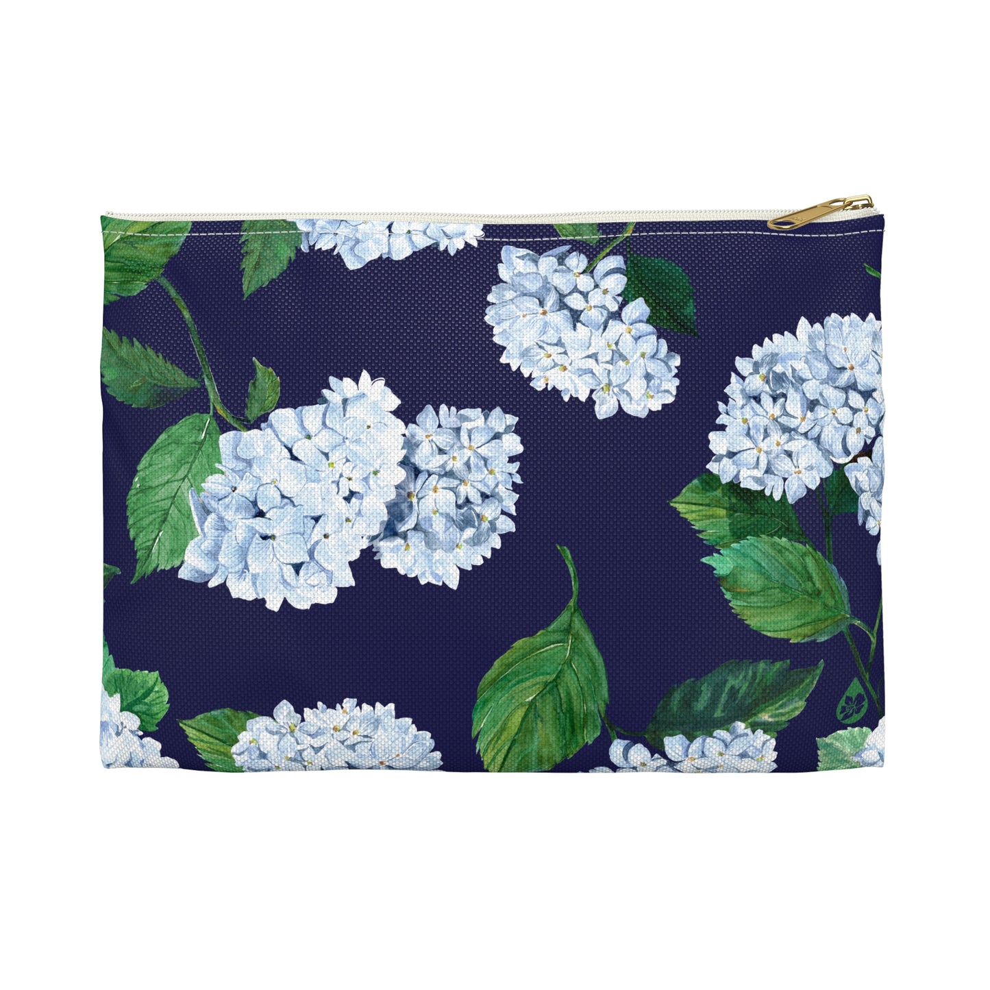 Front view of size small Hydrangea Travel or makeup pouch in Twilight Navy
