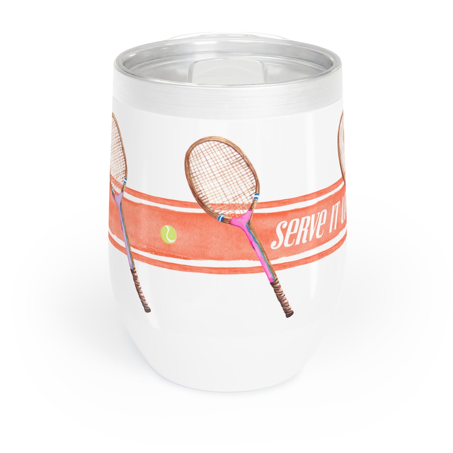 Stainless Steel wine tumbler Illustrated with orange stripe and tennis racquets with the phrase "Serve It Up"