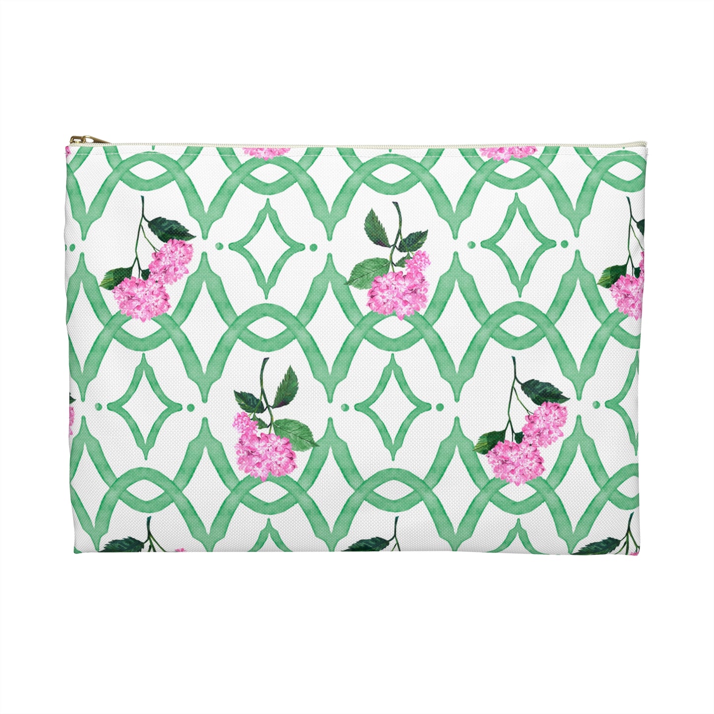 Back view of Botanical Trellis patterned pouch in Tennis Grass Green with Pink Hydrangeas