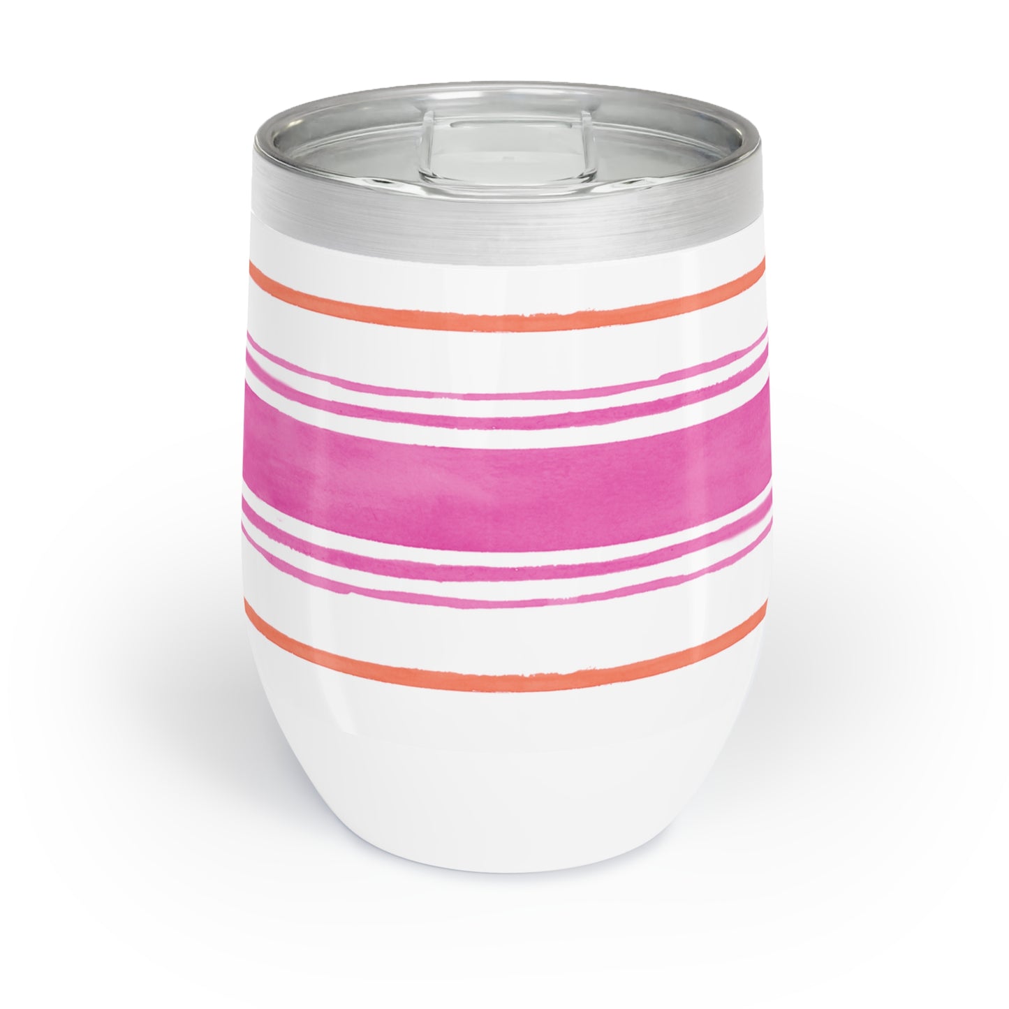 side view Garden State illustrated wine tumbler with hydrangeas and bird and pink and orange stripe