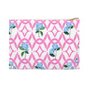 Front View of Size Small Botanical Trellis patterned pouch in Peony Pink with Blue Hydrangeas