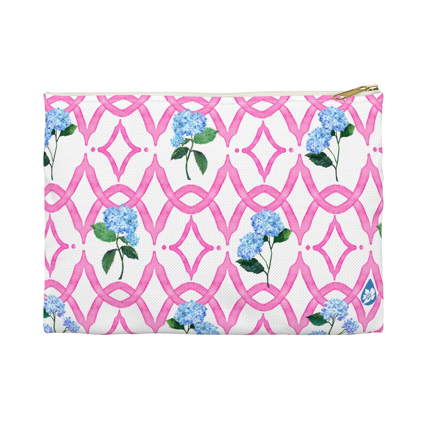 Front View of Size Small Botanical Trellis patterned pouch in Peony Pink with Blue Hydrangeas