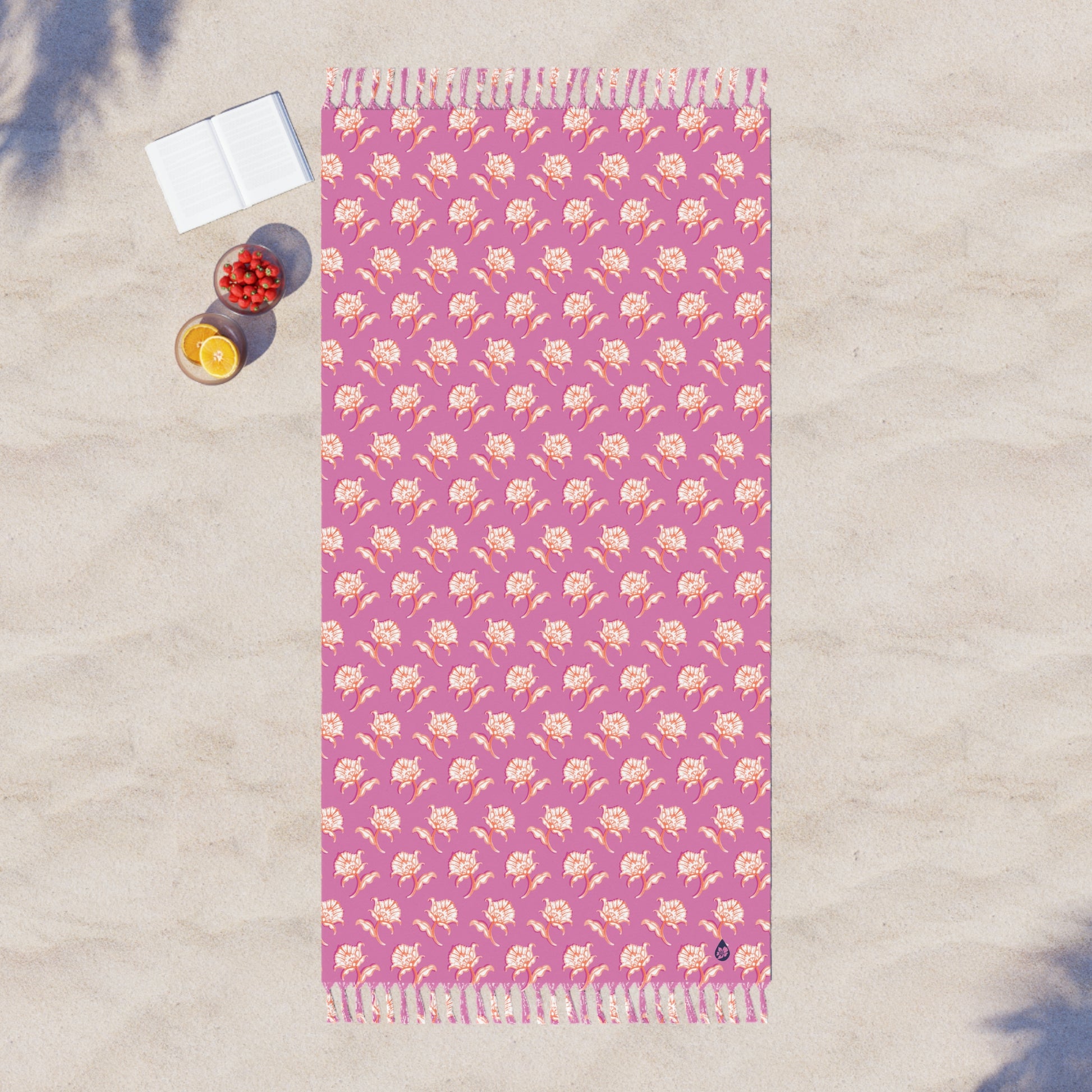 Top Flat View of Watercolor Woodblock Beach Towel with Tassels On beach with bowls of fruit in Cloudless Color Optio
