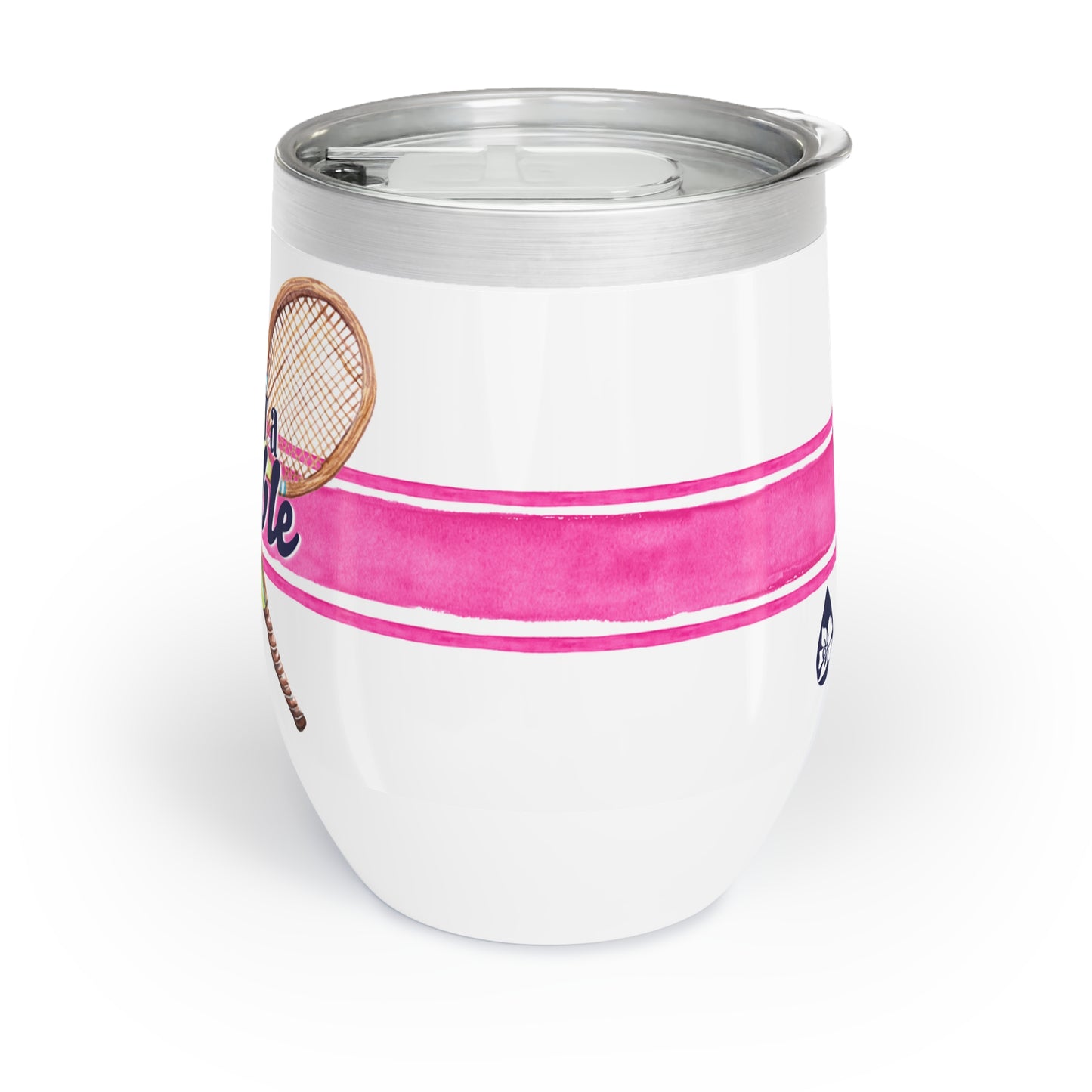 Side view of Stainless steel wine tumbler with pink stripe and tennis racquets with quote make it a double