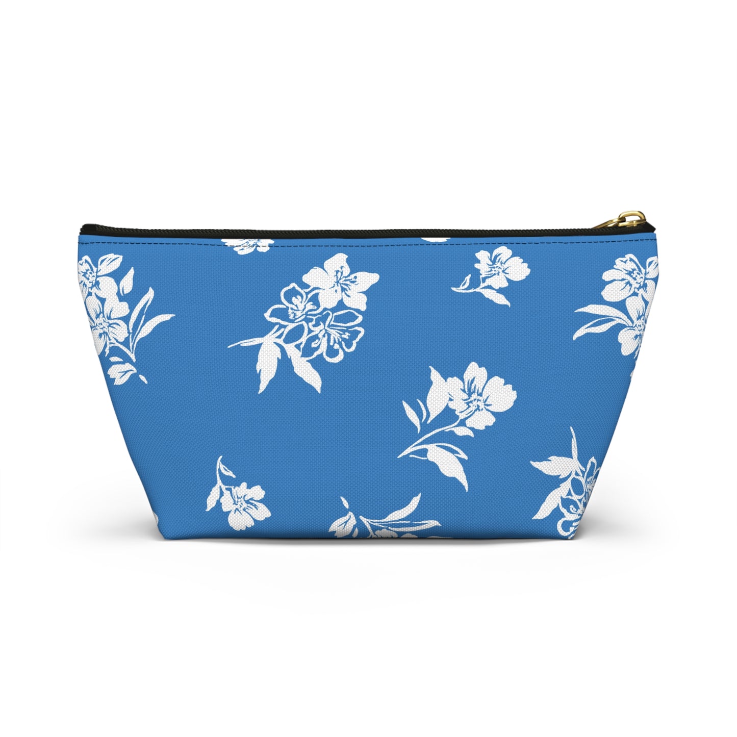 Front View Inky Floral TBottom Pouch in Cloudless with black zipper