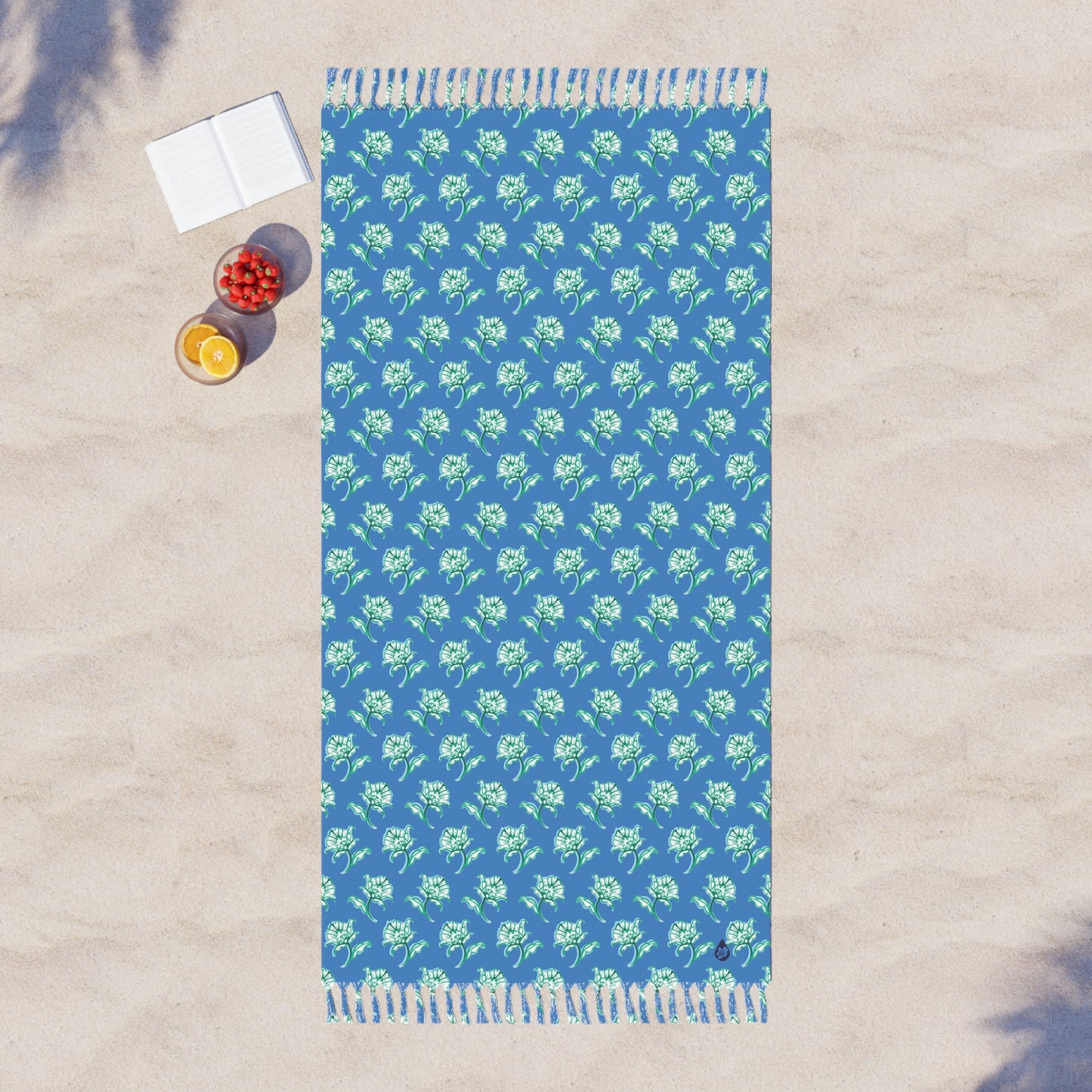 Top Flat View of Watercolor Woodblock Beach Towel with Tassels On beach with bowls of fruit in Cloudless Color Option