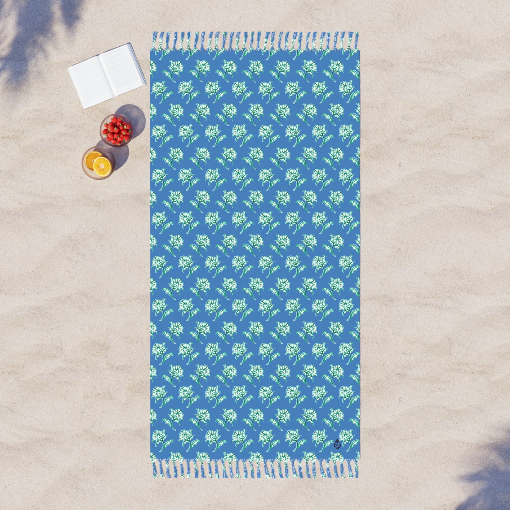 Top Flat View of Watercolor Woodblock Beach Towel with Tassels On beach with bowls of fruit in Cloudless Color Option