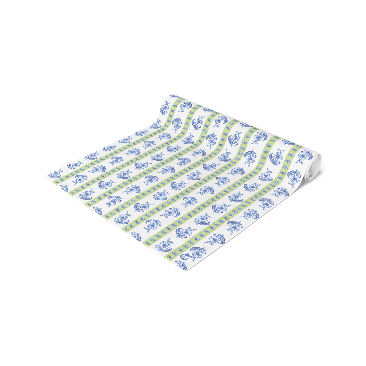 Watercolor Woodblock Striped Patterned Table Runner Rolled in Cloudless and Honeydew