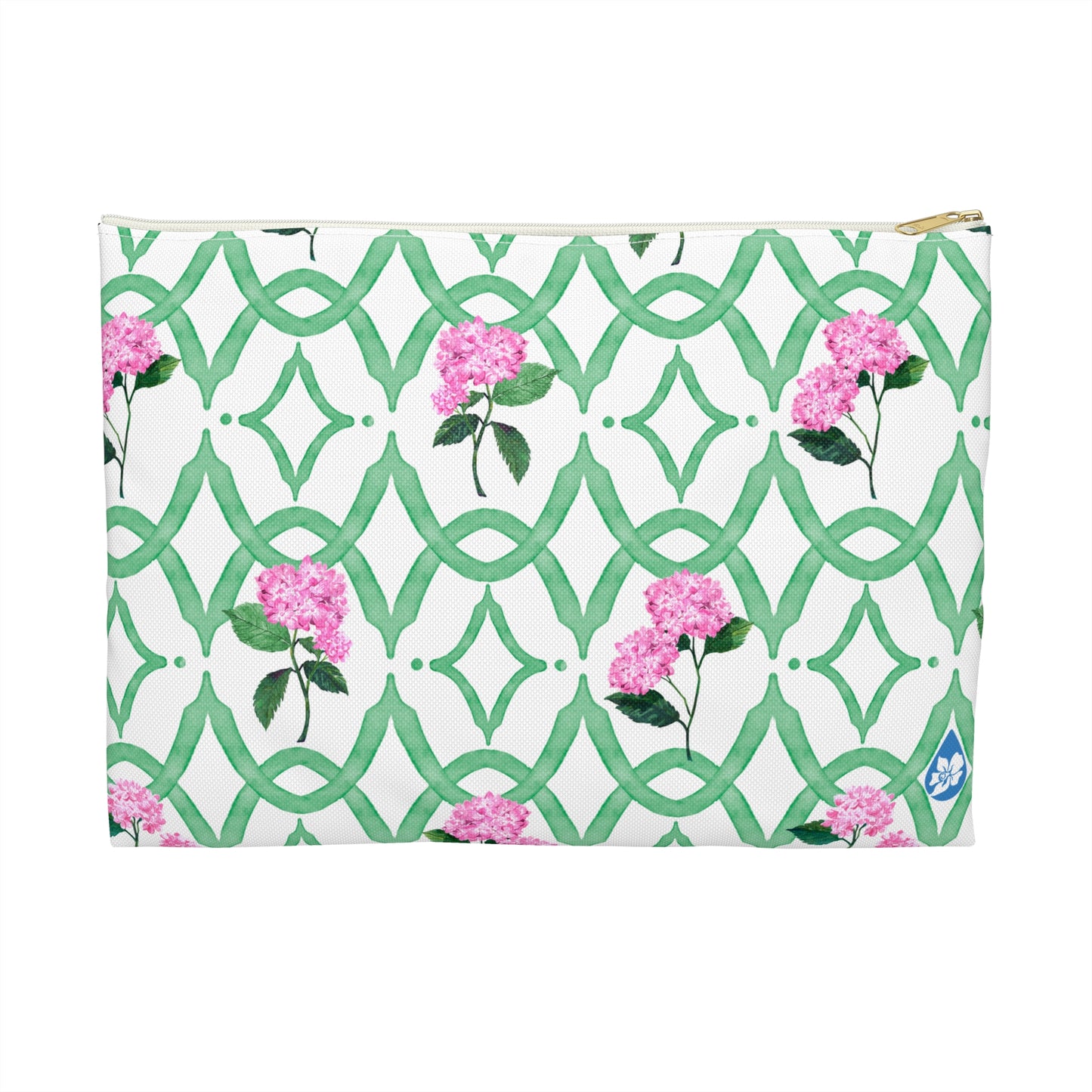 Front View of Size Large Botanical Trellis patterned pouch in Tennis Grass Green with Pink Hydrangeas