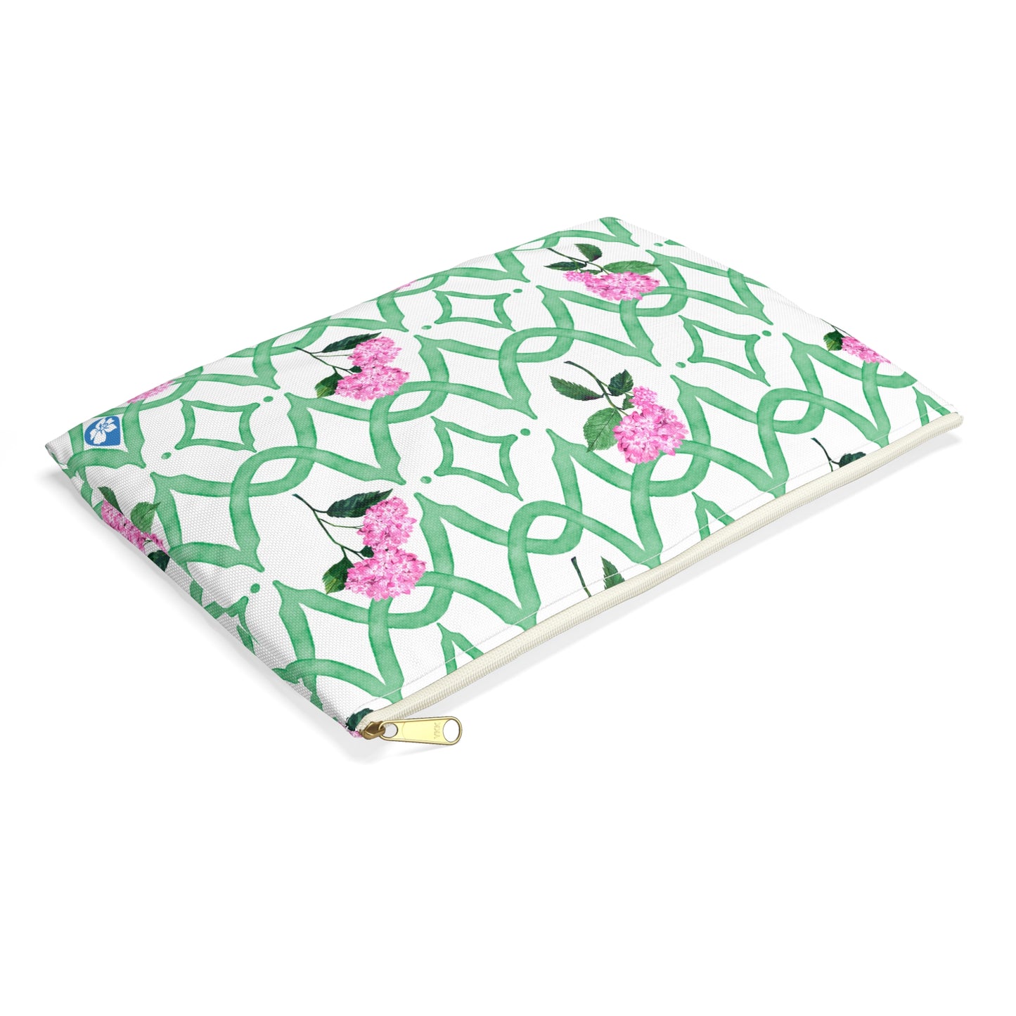 Top view of Botanical Trellis patterned pouch in Tennis Grass Green with Pink Hydrangeas