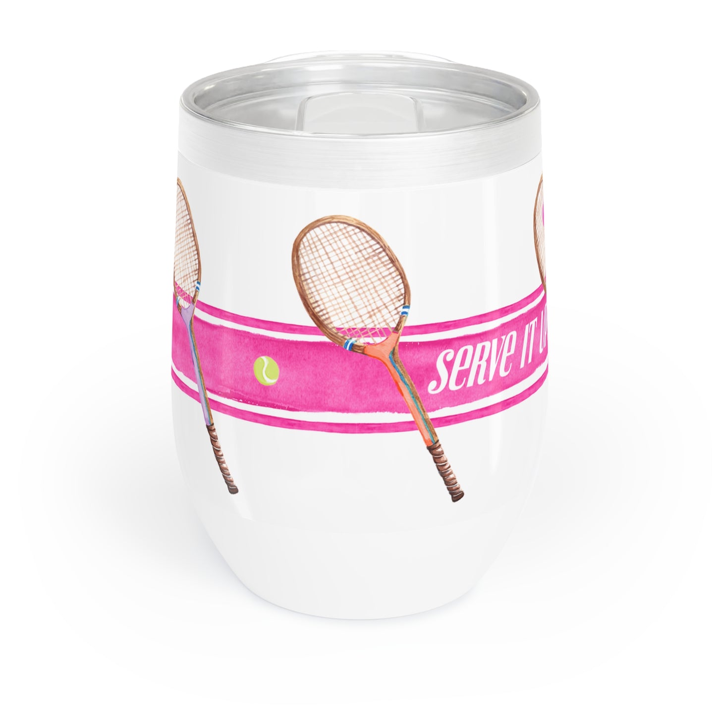 Stainless Steel wine tumbler Illustrated with pink stripe and tennis racquets with the phrase "Serve It Up"