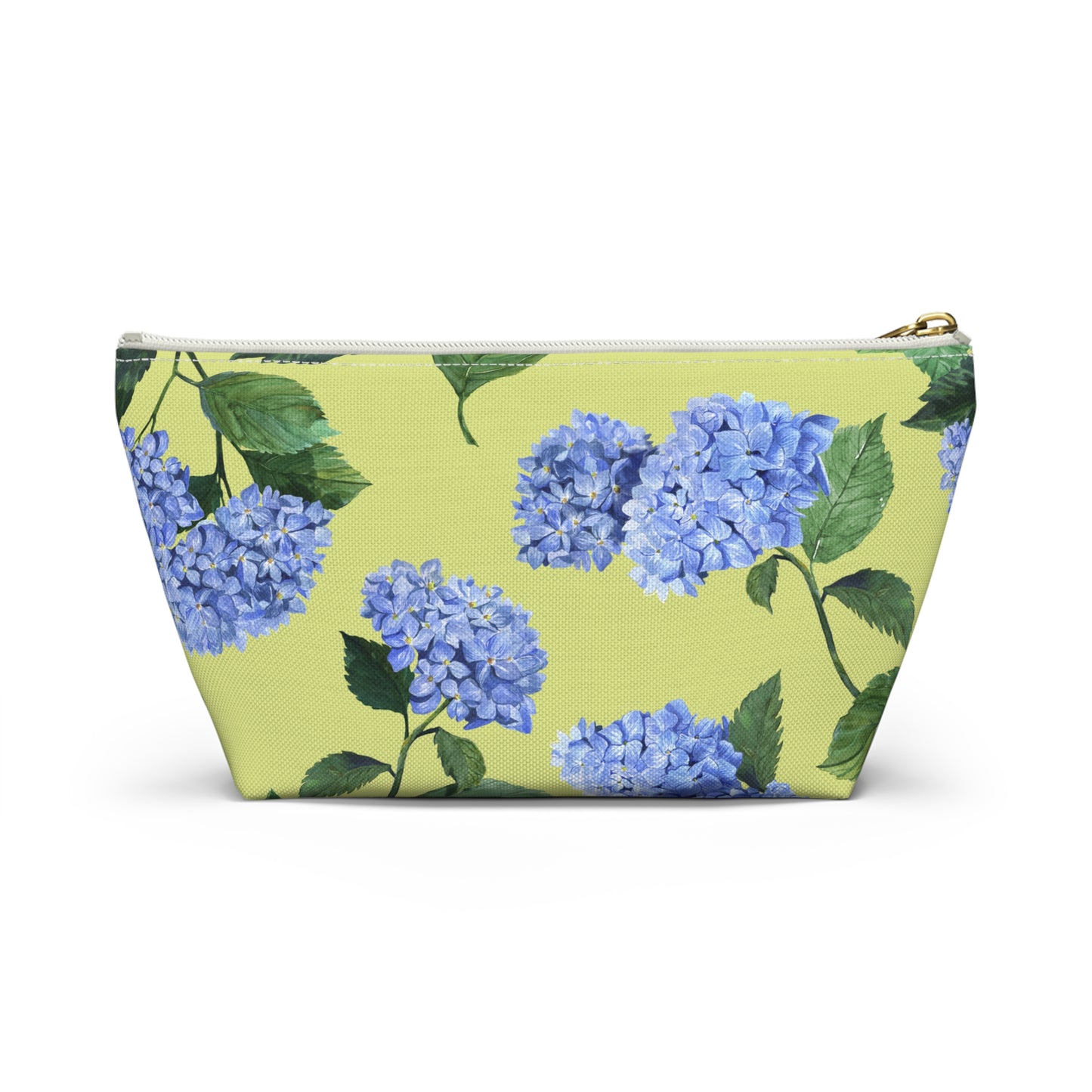 Front view of Hydrangea T-Bottom Travel Pouch in Honeydew with white zipper size small