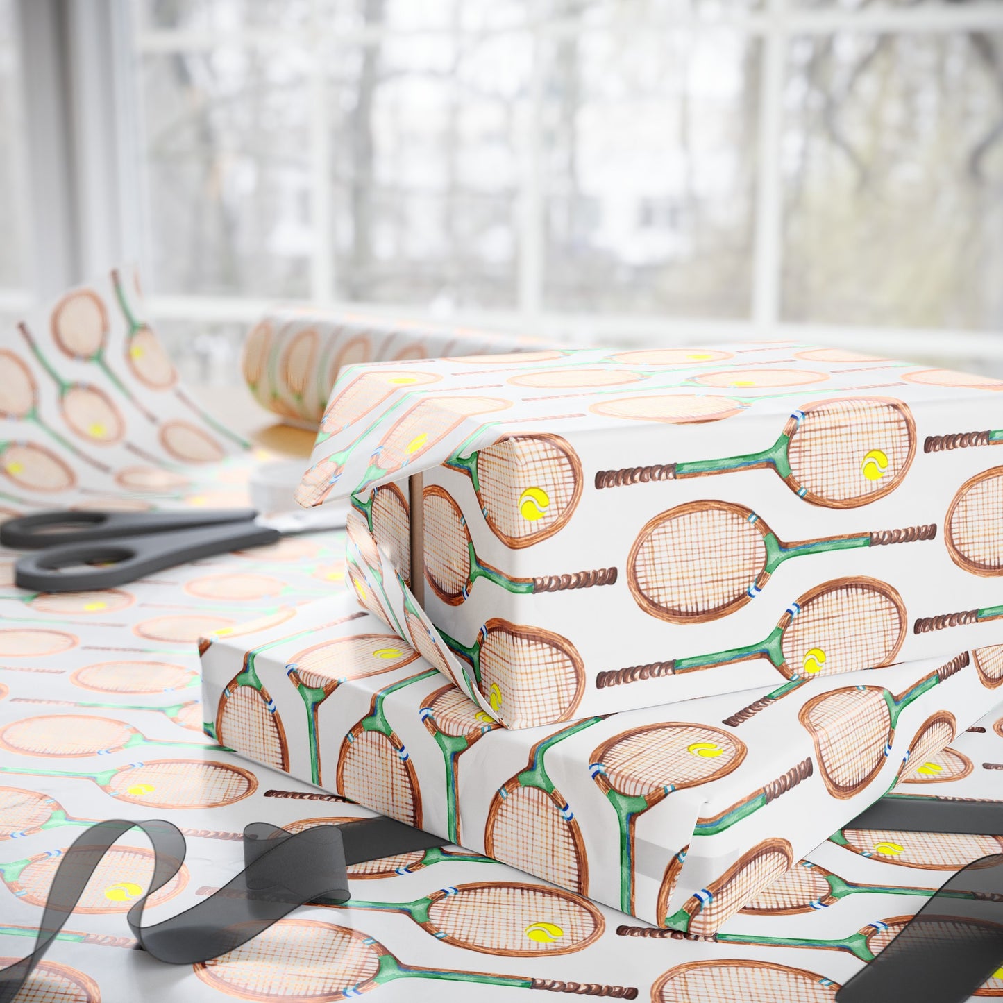 Topspin Tennis Wrapping Paper table with in progress wrapped gifts Tennis Grass Green Color Choice