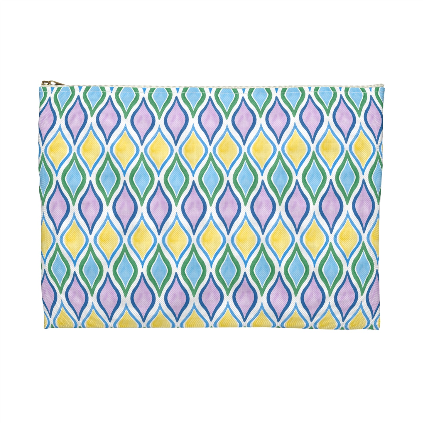 Painted Geo Flat Travel Pouch Front View in Multi Colored Cool Tones Size Large