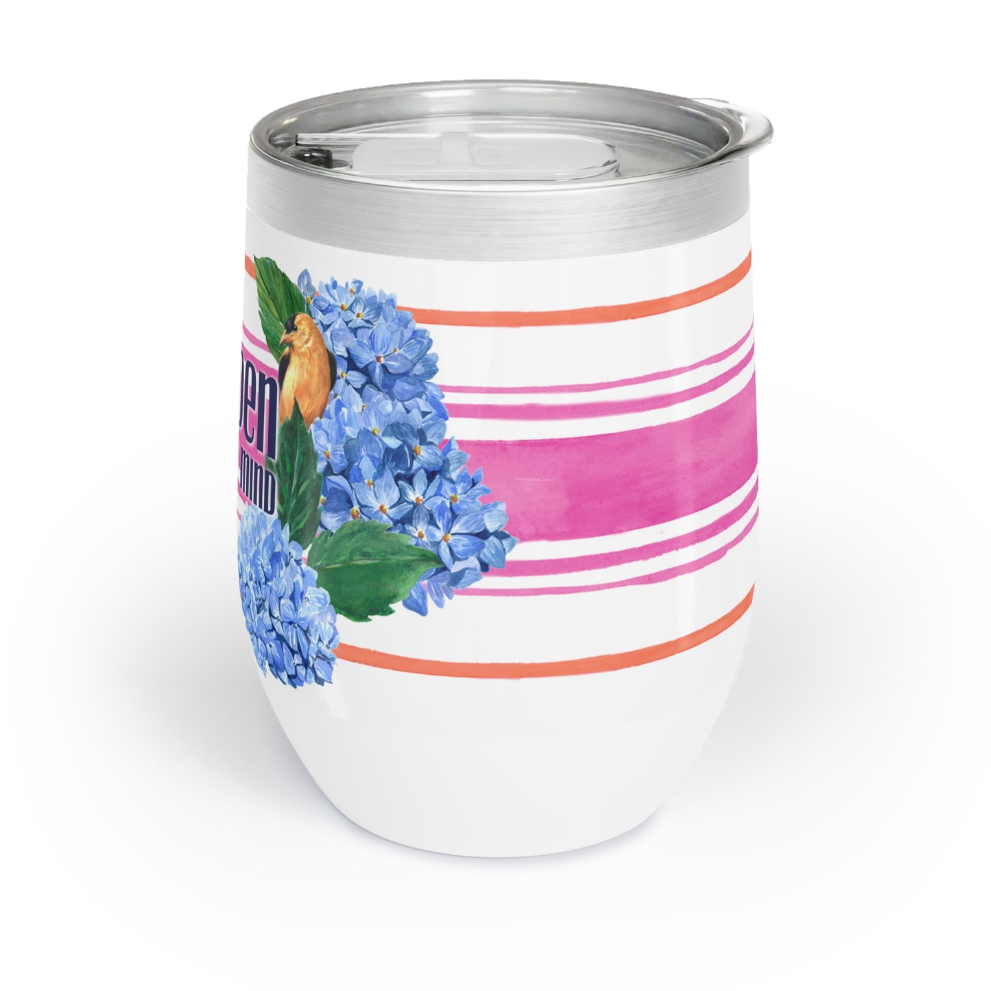 Side view Garden State illustrated wine tumbler with hydrangeas and bird and pink and orange stripe