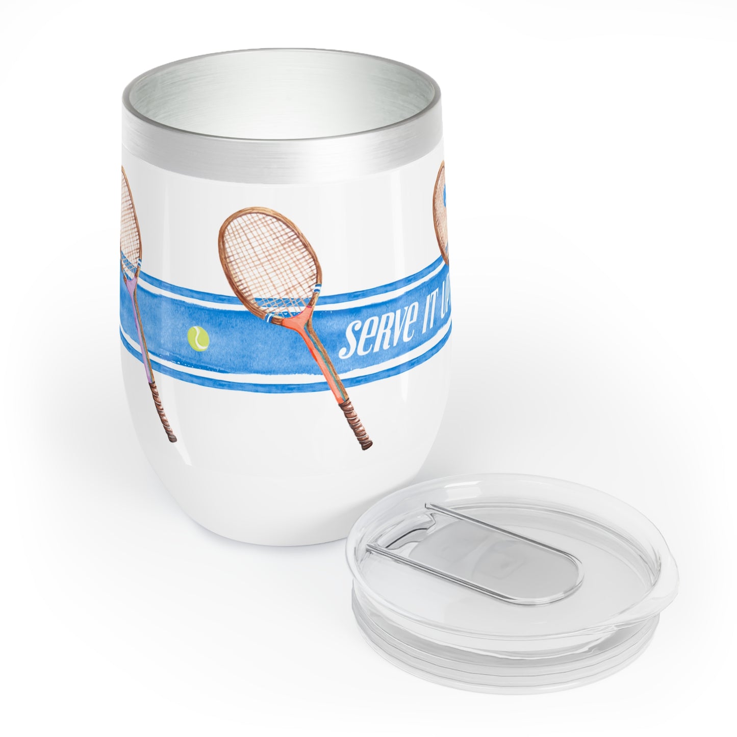 Stainless Steel wine tumbler Illustrated with bright blue stripe and tennis racquets with the phrase "Serve It Up"