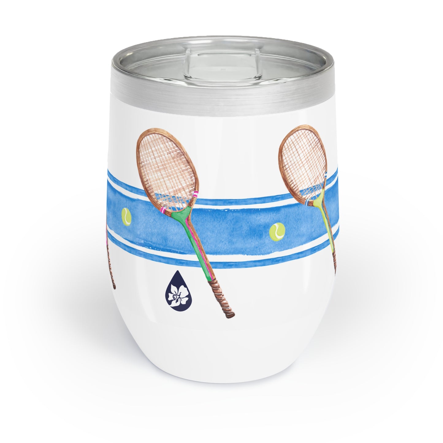Stainless Steel wine tumbler Illustrated with bright blue stripe and tennis racquets with the phrase "Serve It Up"