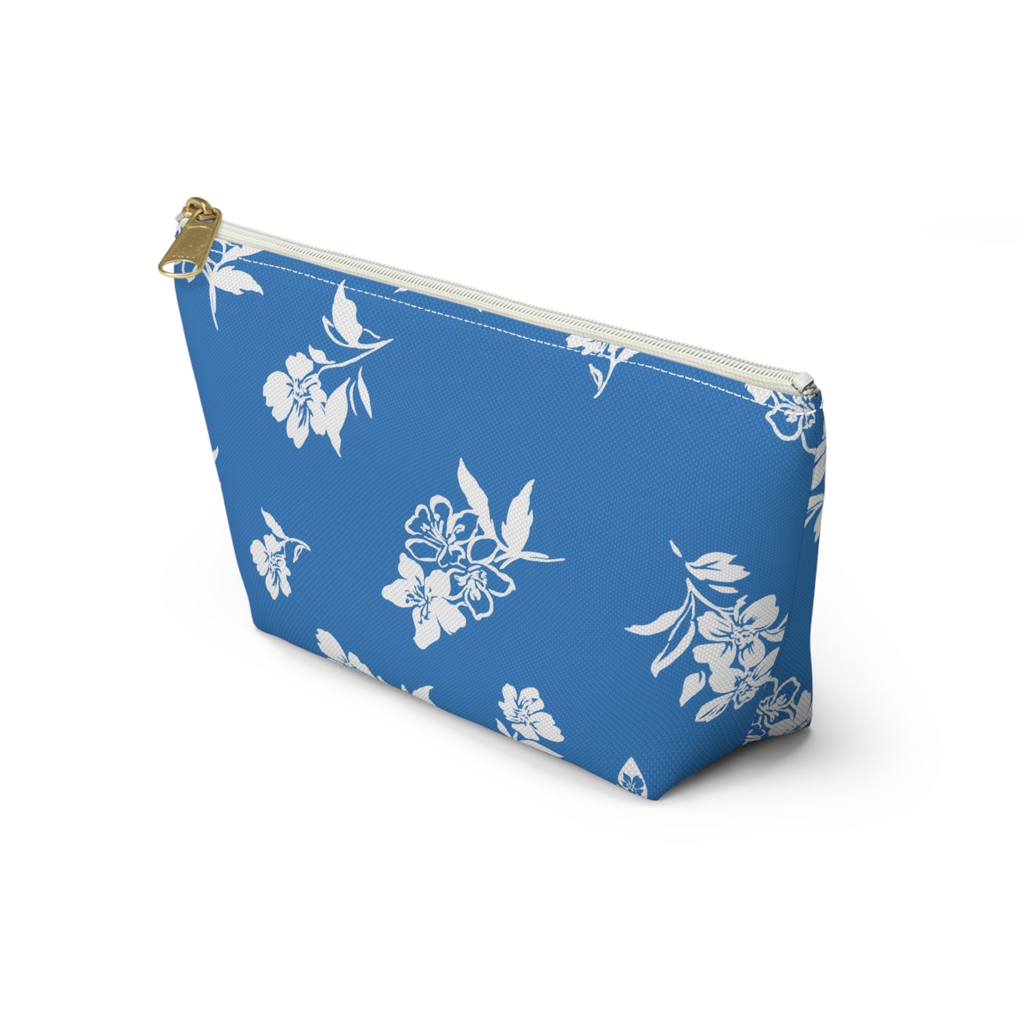 Side view of Inky Floral T Bottom Pouch in Cloudless with White Zipper