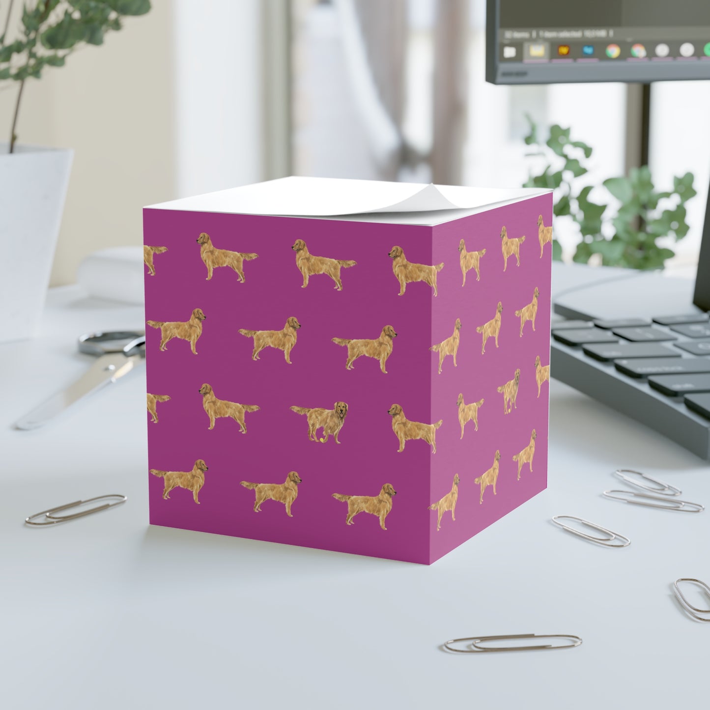 Good Dog Sticky Note Cube on desk in Peony Pink